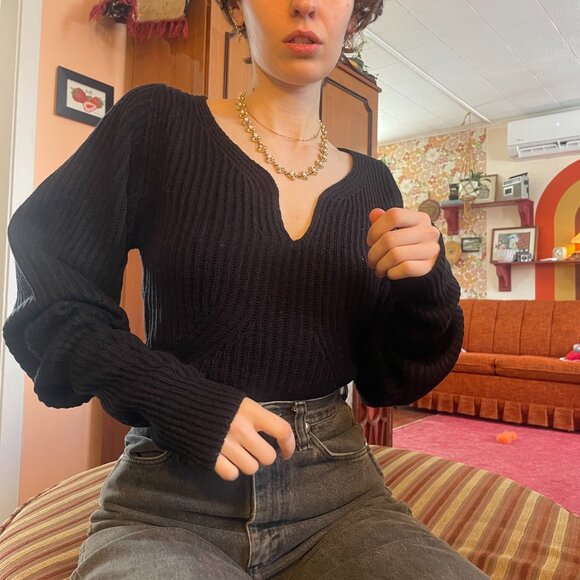 Tags Attached black knitted puffy sleeves drop sleeve plunge knitted sweater! - Picture 6 of 15